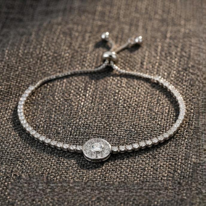 Crystal Round Adjustable Bracelet - Silver
